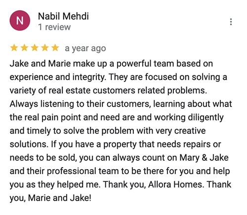 Google Review for Allora Homes from Nabil Mehdi