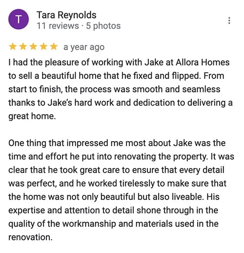 Google Review for Allora Homes from Tara Reynolds