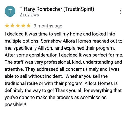 Google Review for Allora Homes from Tiffany Rohrbacher